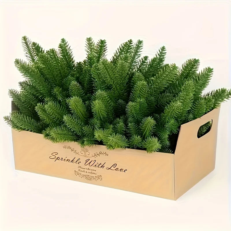 A selection of 60 artificial pine trees, with plastic green pine branches for DIY Christmas decoration, winter tabletop plants