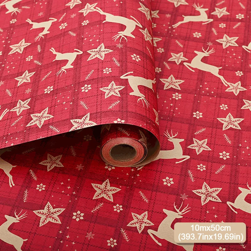 10mx50cm Christmas Wrapping Paper Roll Cartoon Santa Claus Elk Gift Box Packaging Material Christmas Party Home Decoration